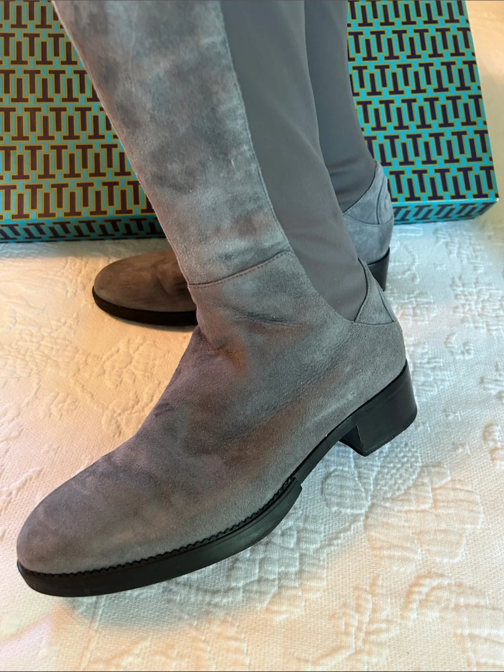 Tory Burch Over-the-Knee Suede Stretch Boots in Gray